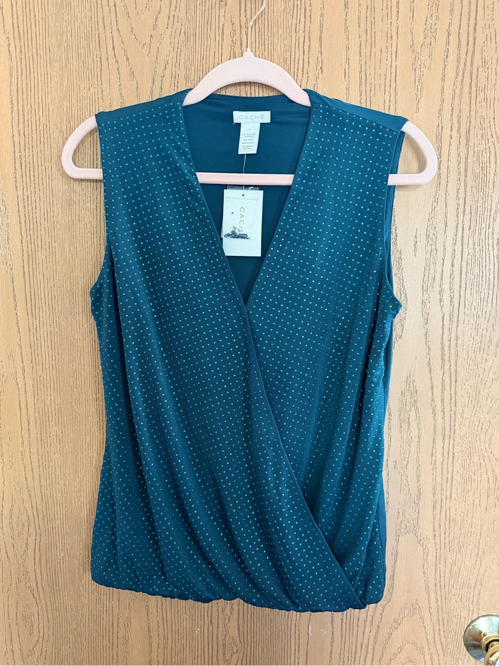 Cache Teal Sleeveless Faux-Wrap Tank with Rhinestones